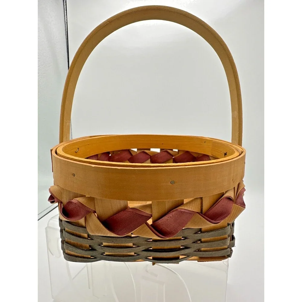 Vintage Handwoven Wood Basket‎ w/ Burgundy Ribbon Trim – 8x7 Oval Carry Basket